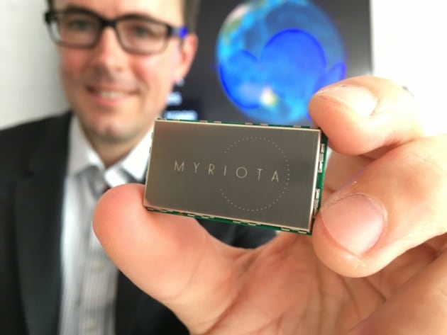 Myriota CEO Dr Alex Grant with one of Myriota&rsquo;s low-cost, long battery life satellite transmitters. Credit: Myriota