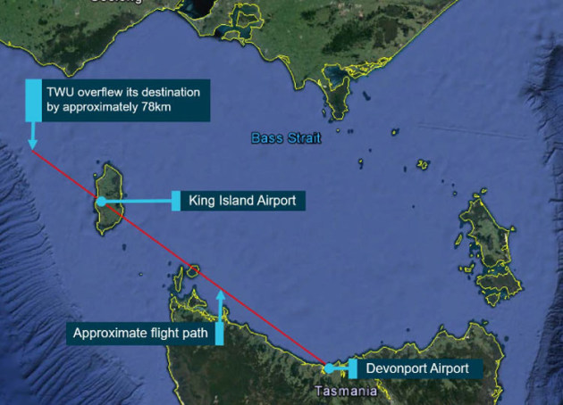 VH-TWU overflew King Island by 78 nm as the pilot slept. (Google Earth annotated by ATSB)