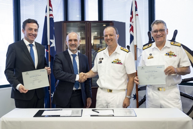 Chairman Navantia Ricardo Dominguez, Managing Director Navantia Australia Israel Lozano, Director-General Major Surface Ships Commodore Brad Smith and Head Maritime Sustainment, Rear Admiral Steve Tiffen in a contract signing at Garden Island, New South Wales.

Credit: Navantia
