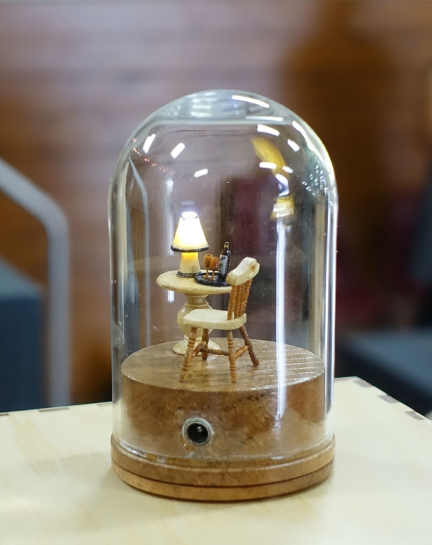 Neal Wright, Late Night Wine, pink gidgee, doughwood, Qld ebony, conkerberry (Tiny Treasures).  The components for this one-thirtieth scale ensemble were turned with handmade tools under a magnification lamp. The timbers were all salvaged.