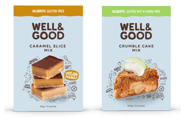 Well and Good has released two new gluten-free baking mixes: Caramel Slice Mix and Crumble Cake Mix into Woolworths.