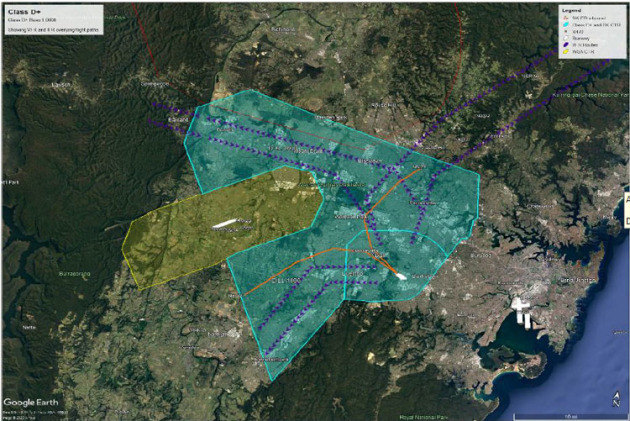 If Airservices proposal is implemented as written, a large proportion of Class G airspace around Sydney will be converted to Class D+. (Airservices Australia / Google Earth)