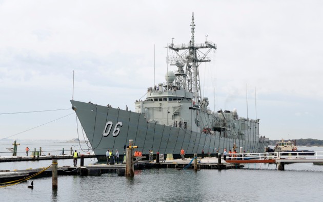 HMAS Newcastle undertaking deperming at the Magnetic Treatment Facility at Fleet Base West. Credit: Defence