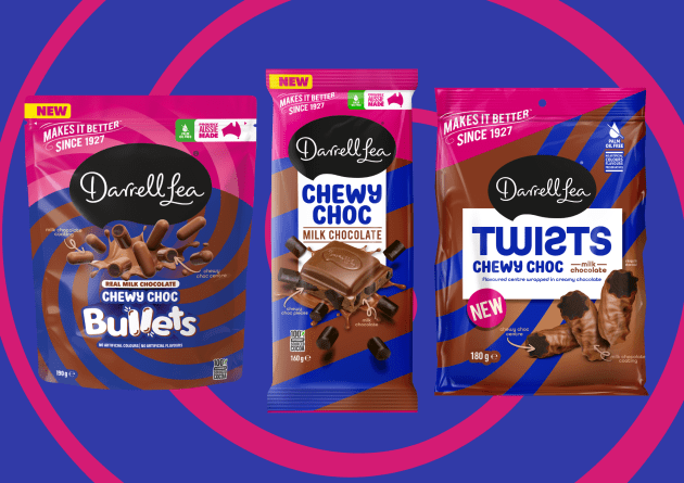 Darrell Lea has taken a step into the future of chocolate, with the development of its brand-new Chewy Choc range &ndash; a trio of creations that blend the company&rsquo;s smooth milk chocolate with soft, squishy choc-flavoured centres.
Source: Darrell Lea