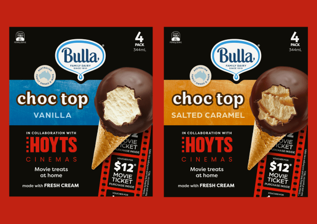 Bulla Dairy Foods has teamed up with Hoyts Cinema to bring a taste of the movies to the comfort of home, with the limited-time launch of Bulla Hoyts Choc Tops in Coles supermarkets across the country.
Source: Bulla