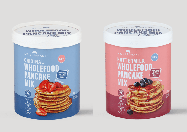 Mt Elephant is introducing a paper-based packaging format for its new Mix & Pour pancake range, replacing the plastic-heavy design typically used in shaker-style mixes.
Source: Mt Elephant