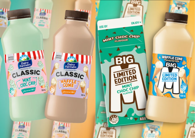 Bega flavoured milk brands, Dairy Farmers Classic and Big M, are bringing some limited edition flavours onto shelves for summer, inspired by classic ice cream shop flavours, Mint Choc Chip and Waffle Cone.
Source: Bega