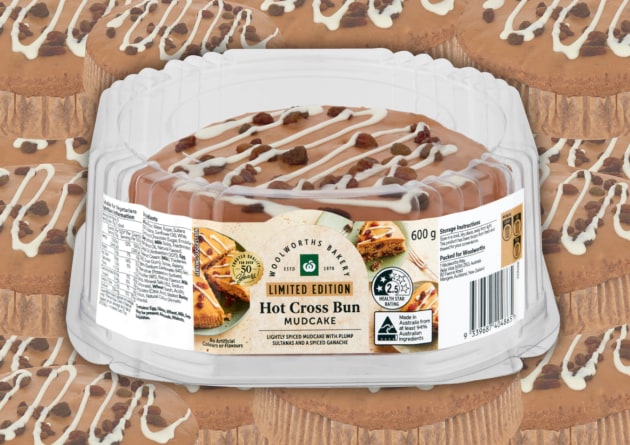 Woolworths is going big for the Easter season, with another new product announcement &ndash; the limited edition Hot Cross Bun Mudcake.
Source: Woolworths