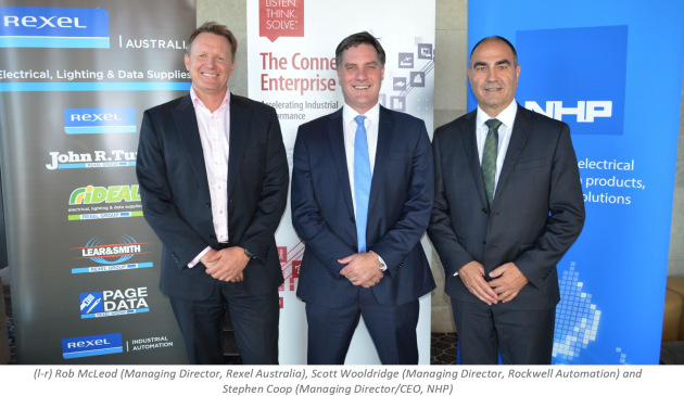 Rob McLeod, managing director of Rexel, Scott Wooldridge, managing director of Rockwell, and Stephen Coop, CEO of NHP. Credit: NHP
