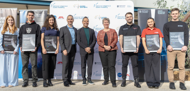 Internship participants, joined by Professor Christopher Lawrence (centre) from Monash; Director of the Australian Space Agency Enrico Palermo (left of centre); and the US Consul-General in Melbourne Kathleen Lively (right of centre). 
Credit: Monash University