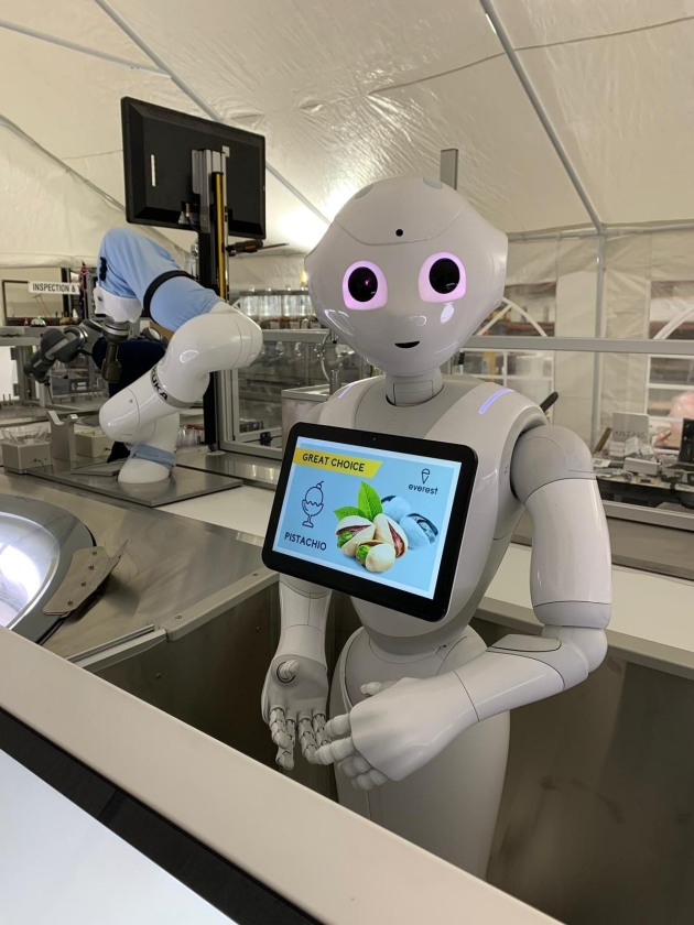 Taking the ice cream orders is cobot Pepper, developed by Japanese company Soft Bank.