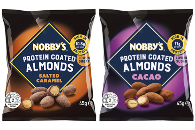 Nobby&rsquo;s Protein Coated Almonds is available is two flavours &ndash; Cacao and Salted Caramel.