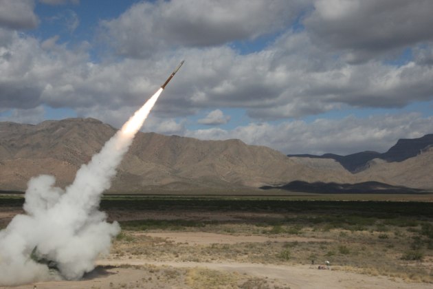 A Northrop Grumman-built solid rocket motor powering a Guided Multiple Launch Rocket System (GMLRS) missile for the US Army. 

Credit: Northrop Grumman
