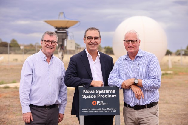 Nova Systems CEO Jim McDowell, Premier Steven Marshall and Nova Systems founder Jim Whalley at the official opening of the Nova Systems Space Precinct. (Nova Systems)