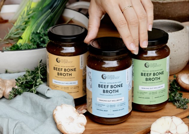 Australian health food brand Nutra Organics Beef Bone Broth Concentrates range is available in Natural Beef, Native Herbs and Lemon Ginger ACV flavours.