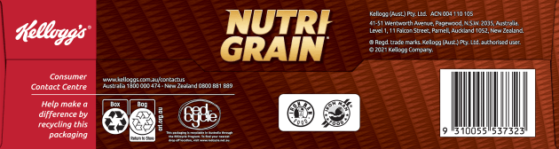 Kellogg Australia has released a refreshed pack design for Nutrigrain, that will be rolled out to all cereals by March 2022. 
The new look allows for easier on-pack navigation of nutrition and recycling information through a simple and cohesive design.
The updated packaging includes the Australasian Recycling Label (ARL) which displays simple recycling information. The ARL makes recycling our packaging even easier for Aussies, letting them know how and where to recycle our cartons - either in their curbside recycling bin or at their local REDcycle bin for their soft-plastics.