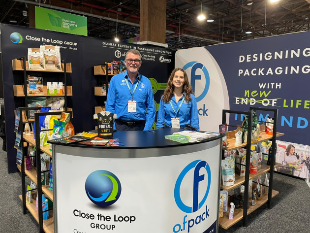 On OF Packaging's bold and bright stand, CEO Joe Foster and marketing manager Jessica Ansell.