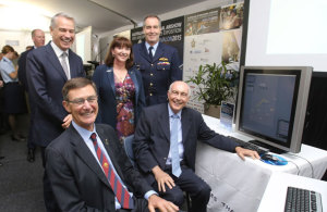 All smiles as the Onesky project takes another step towards reality at Avalon 2015. Standing L-R: Thales Australia's Chris Jenkins, Airservices CEO Margaret Staib, Chief of the Air Force AVM Geoff Brown. Seated L-R, Airservices Chairman Sir Angus Houston, Deputy Prime Minister Warren Truss.