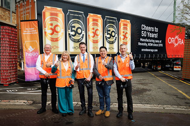 (l-r) Brian Lowe, Kylie Wilkinson, Chris Minns, Zhi Soon and Chris Smith celebrating 50 years of can manufacturing.