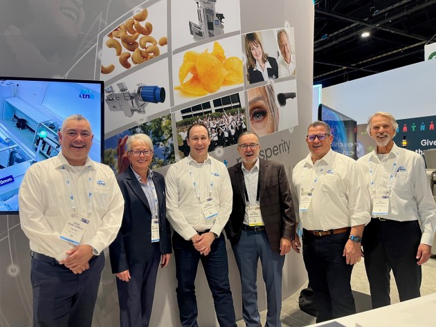 The tna solutions team on stand with their customer (l-r): David Cornejo, GM-Latin America; Teri Johnson, VP-North America, Thiago Roriz, COO; Jose Gomez, CTO, Benestar Brands, Adam Holloway, regional sales manager, (tna solutions), Neil Burck, divisional sales manager-North America.