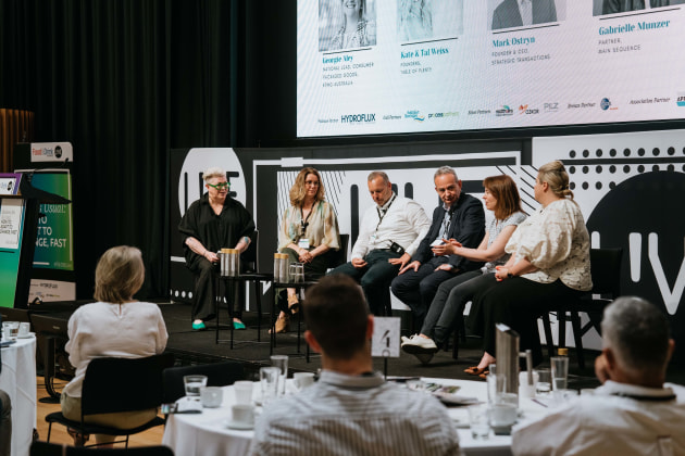 This year's Food & Drink Business LIVE panel. (L-R) Food & Drink Business editor Kim Berry, Table of Plenty founders Kate and Tal Weiss, Strategic Transactions Mark Ostryn, Main Sequence Gabrielle Munzer, and KPMG Georgie Aley. (Photograph by Arianna Harry)