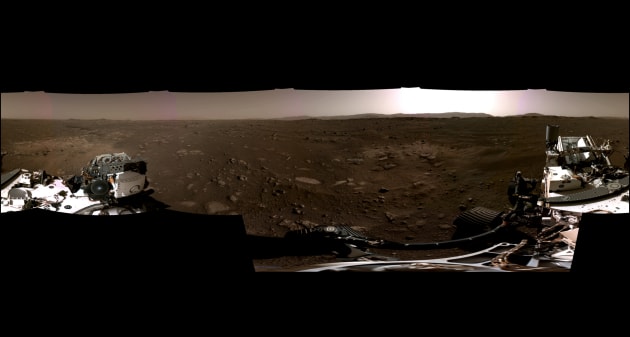 This panorama, taken by the Navigation Cameras (Navcams) aboard Perseverance, was stitched together from six individual images after they were sent back to Earth. (Supplied: NASA/ JPL-Caltech)