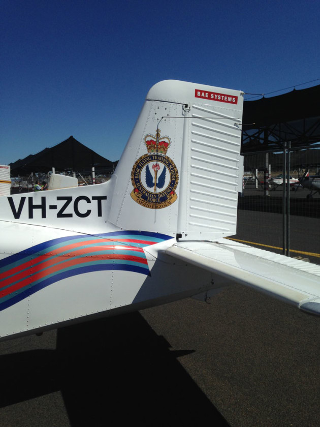 The BFTS squadron coat of arms on the tail of a BAe aircraft.