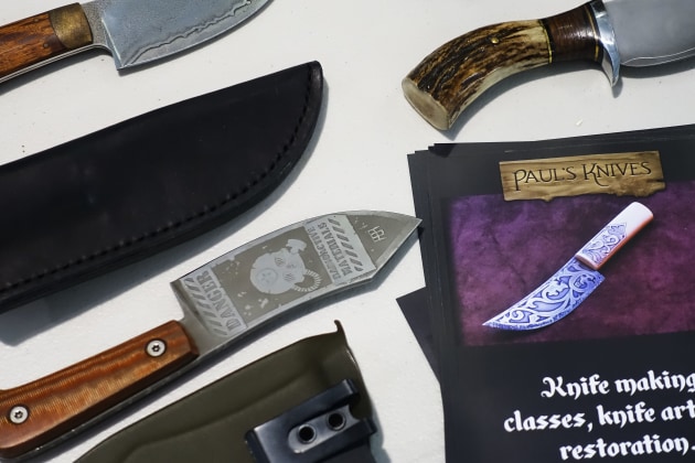 Close up of some of Paul-Emmanuel Arestan's custom made knives