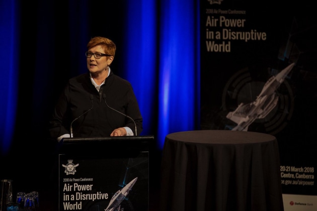 Defence Minister Marise Payne speaking at Air Power 2018. Credit: @Marise Payne via Twitter