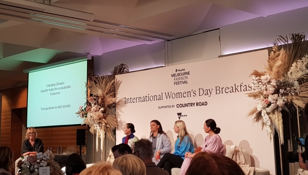 L to R: Country Road MD Elle Roseby, Harper&rsquo;s Bazaar features and fashion news director Patty Huntington, sustainability strategist
Julie Boulton, author and founder of Wardrobe Crisis Clare Press and Cox Inall Ridgeway and founder of online community Australian Indigenous Fashion, Yatu Widders Hunt.