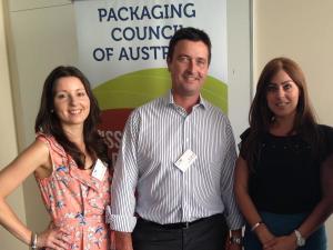 From left: Neil Highfield from Caps & Closures with the PCA's Tina Okey (left) and Jen Salem (right).
