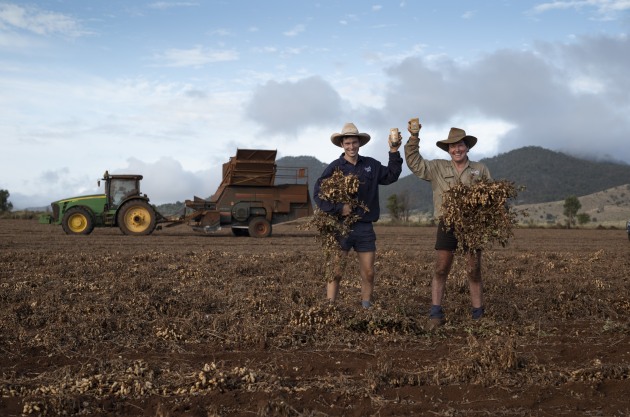 Peanut farmers Cam and Mark Rackemann. 
Image: Bega