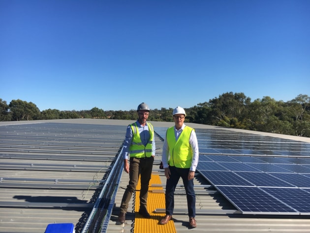 Pernod Ricard Winemakers&rsquo; sustainable performance manager Paul Button and its sustainable development manager Stephen Cook on the roof of the Rowland Flat winery.
