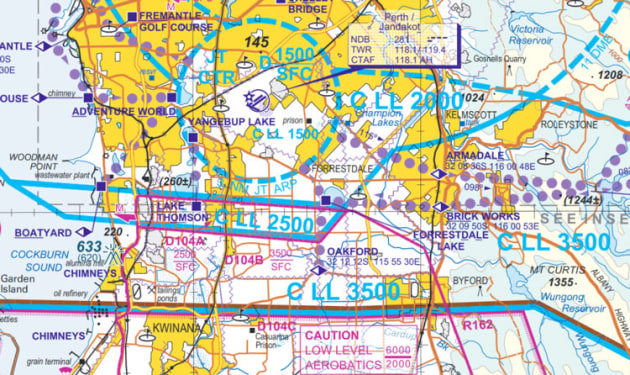 Perth VTC section from 23 May 219 showing the new Jandakot approach points at Brickworks and Oakdale. (Airservices Australia)