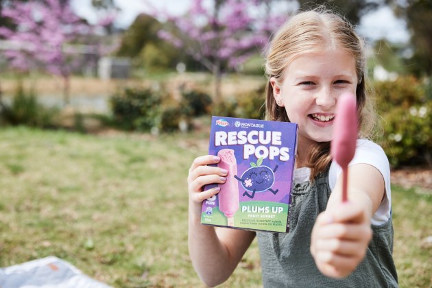 Rescue Pops are frozen fruit sorbet sticks made from rescued plums that were destined for landfill.