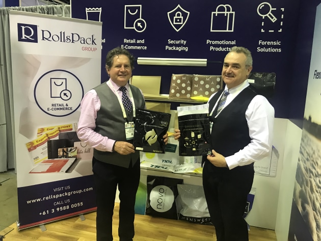 Phillip Rolls, MD of RollsPack and Craig Ashby, NZ sales manager, with some of the company's e-commerce solutions that have attracted attention at Pack Expo.