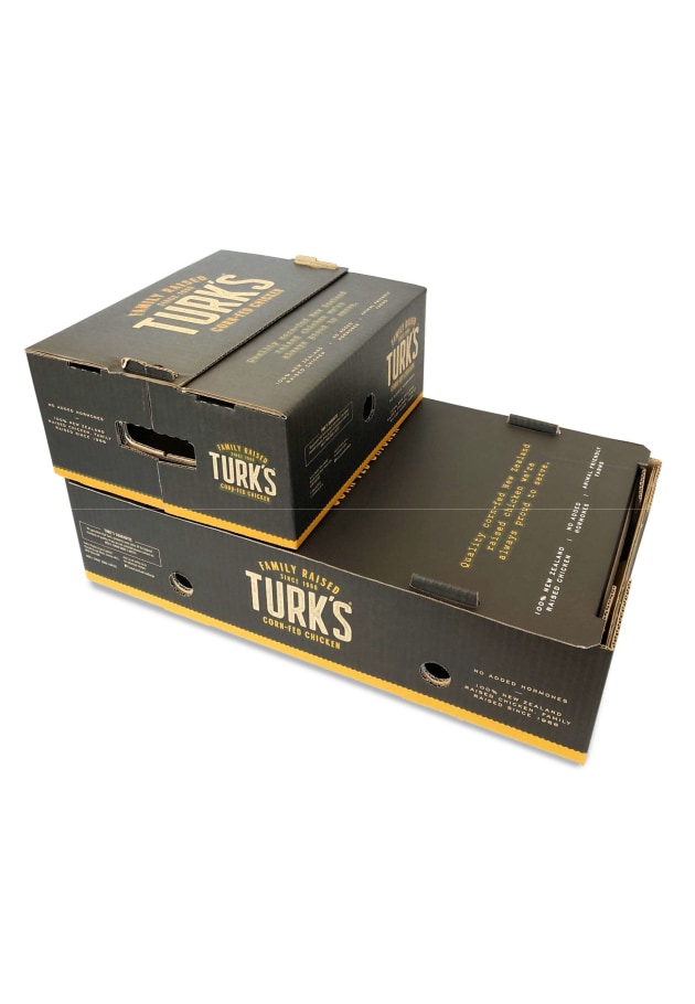 PIDA 2019 Finalist, Food: OJI Fibre Solutions for Turks Poultry Farm packaging to hold 6kg of chicken in a hand-erected case and designed to be interchangeable with the 12kg cases to fit in mixed pallets.