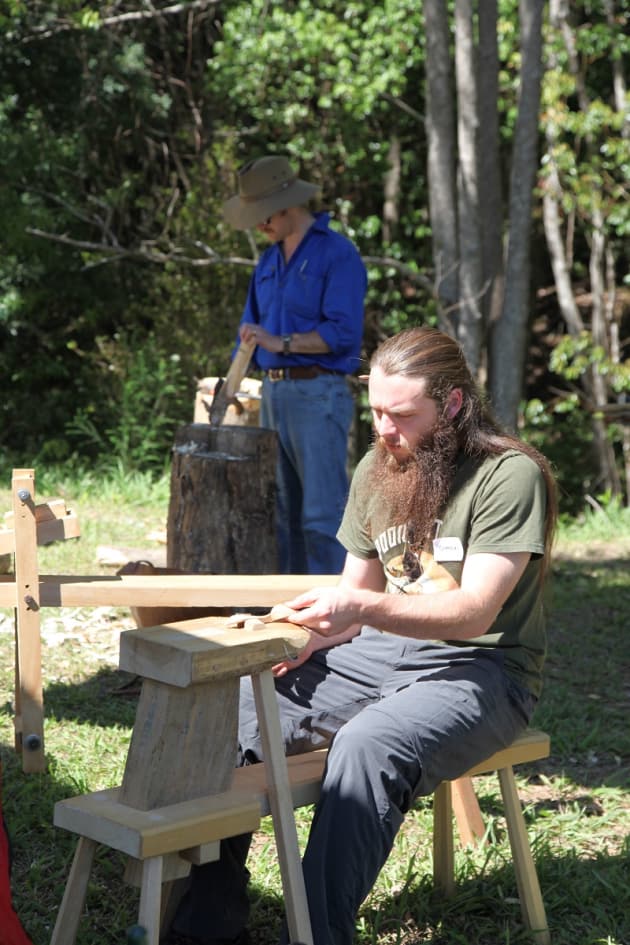 Simon Collins from Limerick Ireland uses the shave horse, whilst sporting his Spoonfest UK t-shirt &ndash; a truly globetrotting spoon carver.