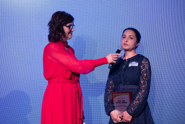 Co-MC Sally Williams asks Manpreet Kaur Grewal what the scholarship win means to her.