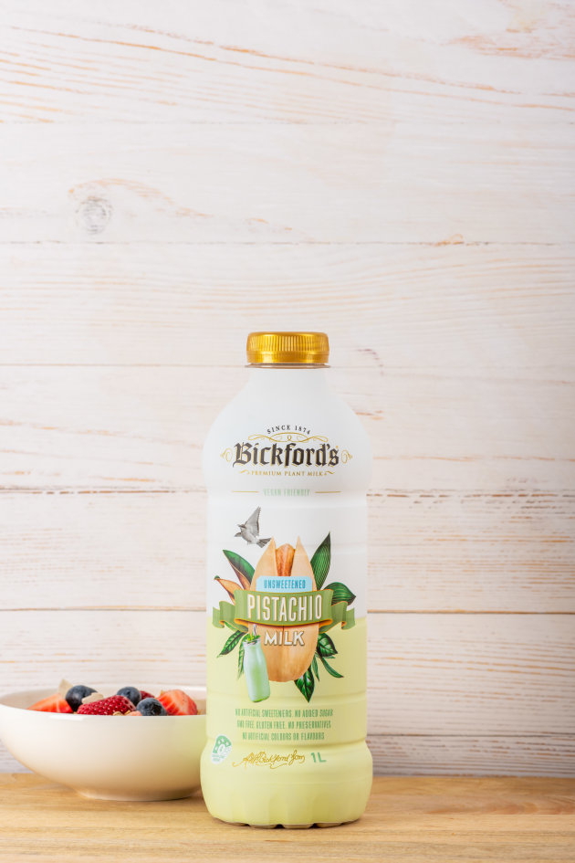 Bickford&rsquo;s Premium Plant Milk range is expanding its retail footprint, with its Macadamia Milk and Pistachio Milk now stocked in Woolworths in Victoria and New South Wales. (Image source: Bickford's)