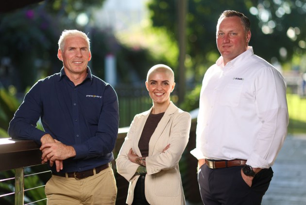 Powershift Technologies co-founders, Damien Glanville and Sandra Brodie, and Tim Doling, co-founder and director of innovation at POWR2.
Source: Powershift Technologies