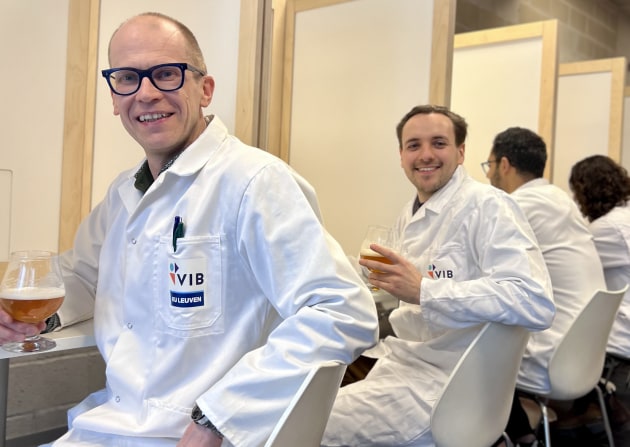 Professor Kevin Verstrepen (left) and Dr Michiel Schreurs (right) leading a scientific beer tasting session at the lab at VIB &ndash; KU Leuven in Belgium.