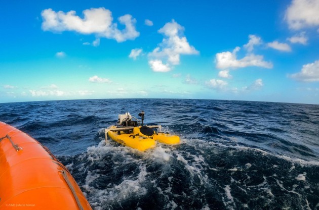 Australian Institute of Marine Science testing its ReefScan reef monitoring technology on an autonomous surface vessel in the ReefWorks test ranges. (Marie Roman/ AIMS)