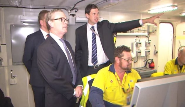 Minister Pyne at the launch of HMAS Brisbane. Christopher Pyne via Twitter