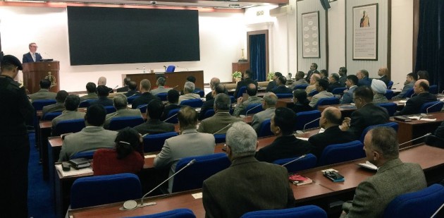 The Minister addressing the National Defence College in New Delhi on Australian defence industries and Australia-India relations. Credit: Twitter via @cpyne