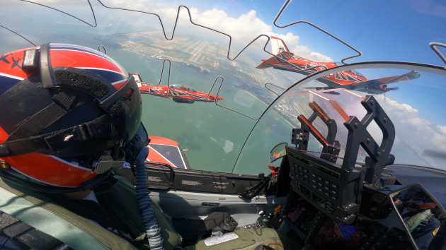 Roulette 2, FLTLT James Dutschke, flying in formation over Changi during the Roulettes display at the Singapore Air Show 2024. 

Credit: Defence