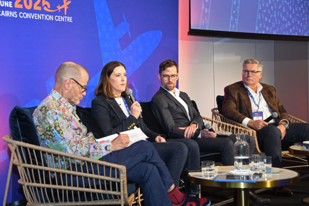 Adam Spencer moderates the AI conversation with Rachel Yangoyan from Qantas, Reece Clothier from CASA and Basair's David Trevelyan.