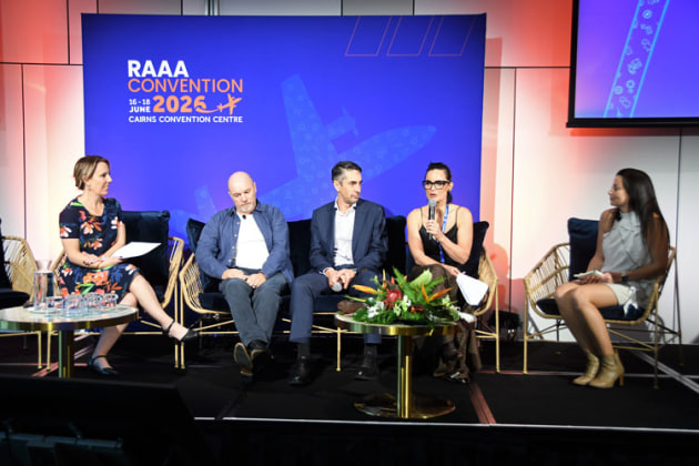A panel of five discussed mental health in aviation.L-R: RAAA's Natalie Gane, Tony Merritt from Scentia Psychology, CASA's Andreas Marcelja, Angela Garvey from Navigating Aviation and Ilze Strijdom from Austbrokers ABS.