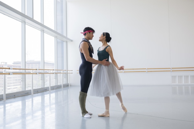 Houston Ballet Soloist Danbi Kim as Princess Raymonda, Chun Wai Chan as Jean and choreographer Stanton Welch rehearsing Raymonda

Photo by Alana Campbell (2025). Courtesy of Houston Ballet