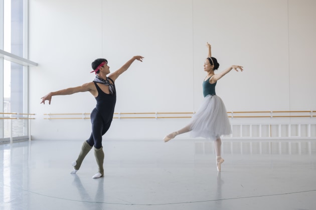 Houston Ballet Soloist Danbi Kim as Princess Raymonda, Chun Wai Chan as Jean and choreographer Stanton Welch rehearsing Raymonda

Photo by Alana Campbell (2025). Courtesy of Houston Ballet